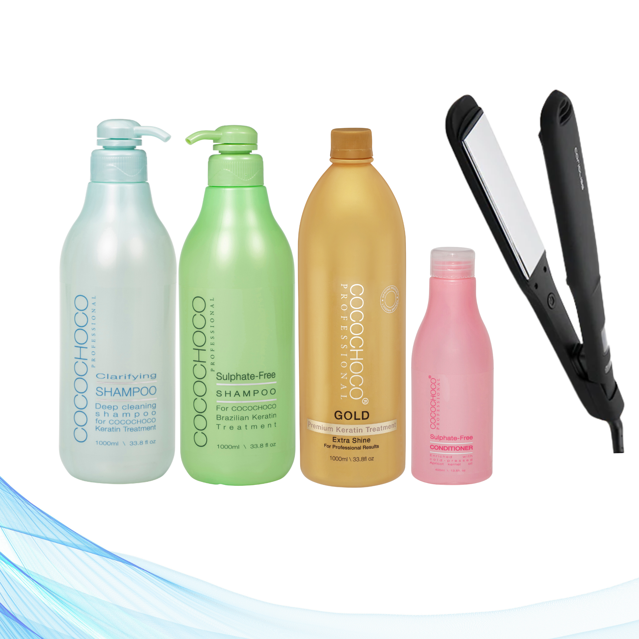 COCOCHOCO Keratin Start Paket 2 – profesionalni set za keratinski tretman kose s Gold keratinom, šamponom, regeneratorom i Corioliss C-Extreme peglom