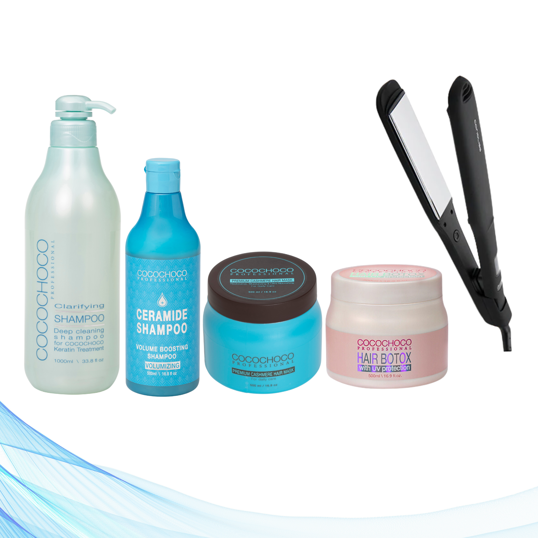 Corioliss Wide Black Hair Straightener, Cocochoco Clarifying Shampoo 1000 ml, Cocochoco Botox 500 ml, Cocochoco Ceramide Volume Boosting Sulphate-free Shampoo and Cocochoco Sulphate-free Cashmere Hair Mask 500 ml