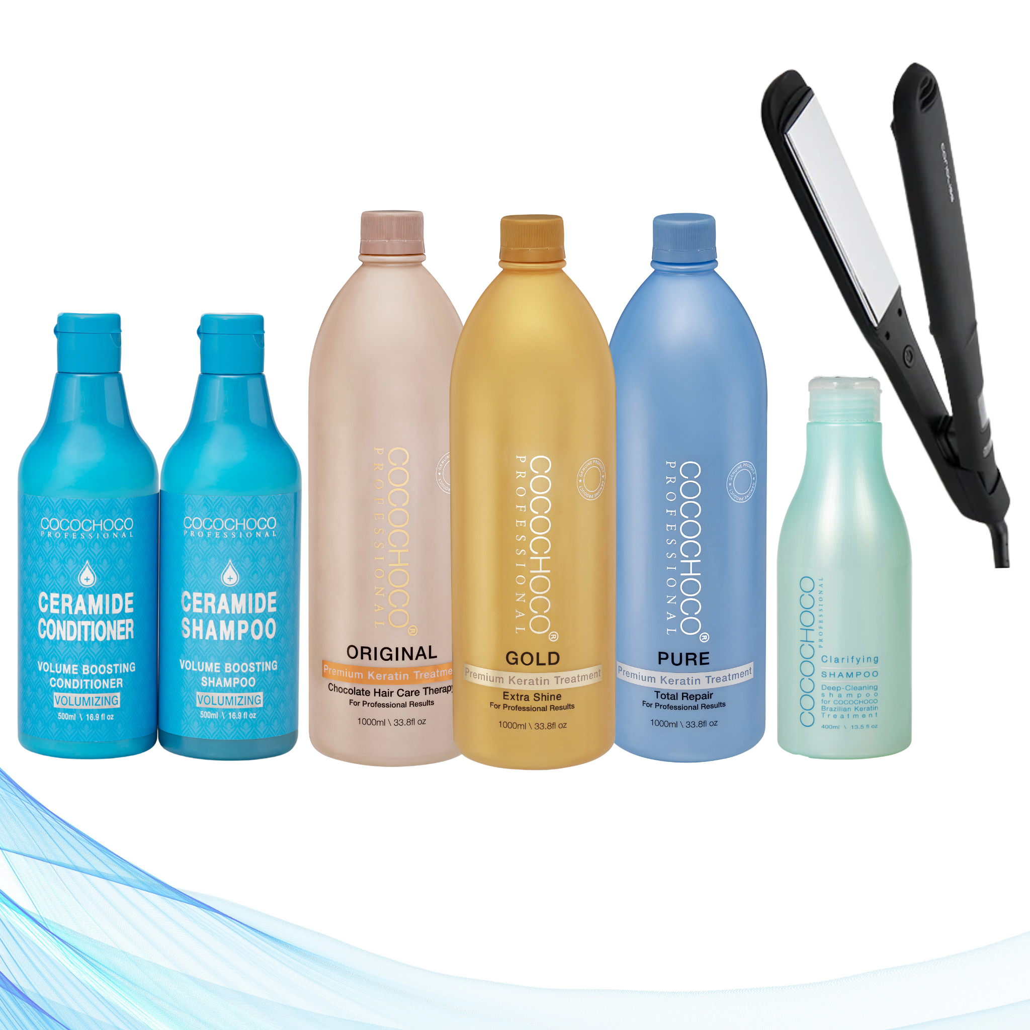 Corioliss Wide Black Hair Straightener, Cocochoco Clarifying Shampoo 400 ml, All Three Cocochoco Keratin Treatments 1000 ml, Cocochoco Ceramide Sulphate-Free Volume Boosting Shampoo 500 ml & Cocochoco Ceramide Volume Boosting Conditioner 500 ml