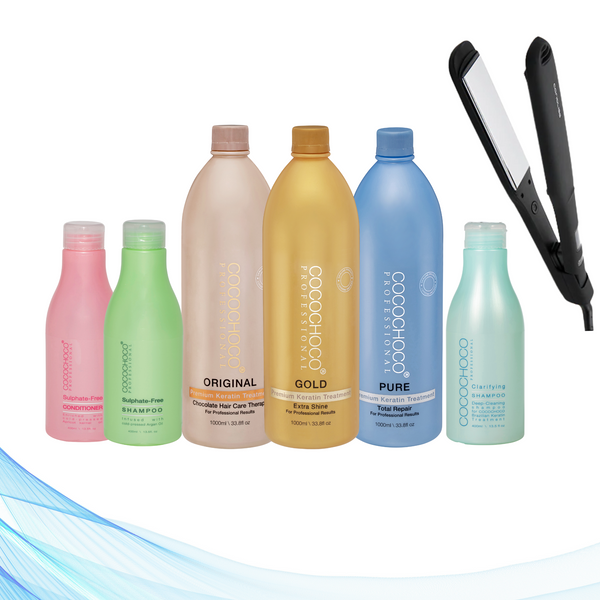 Corioliss Wide Black Hair Straightener, Cocochoco Clarifying Shampoo 400 ml, All Three Cocochoco Keratin Treatments 1000 ml, Sulphate-Free Shampoo 400 ml & Sulphate-Free Conditioner 400 ml