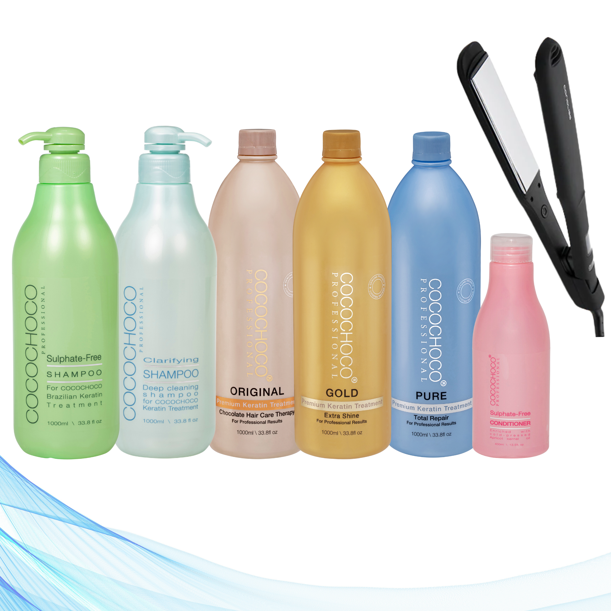 Corioliss Wide Black Hair Straightener, Cocochoco Clarifying Shampoo 1000 ml, All Three Cocochoco Keratin Treatments 1000 ml, Sulphate-Free Shampoo 1000 ml & Sulphate-Free Conditioner 400 ml