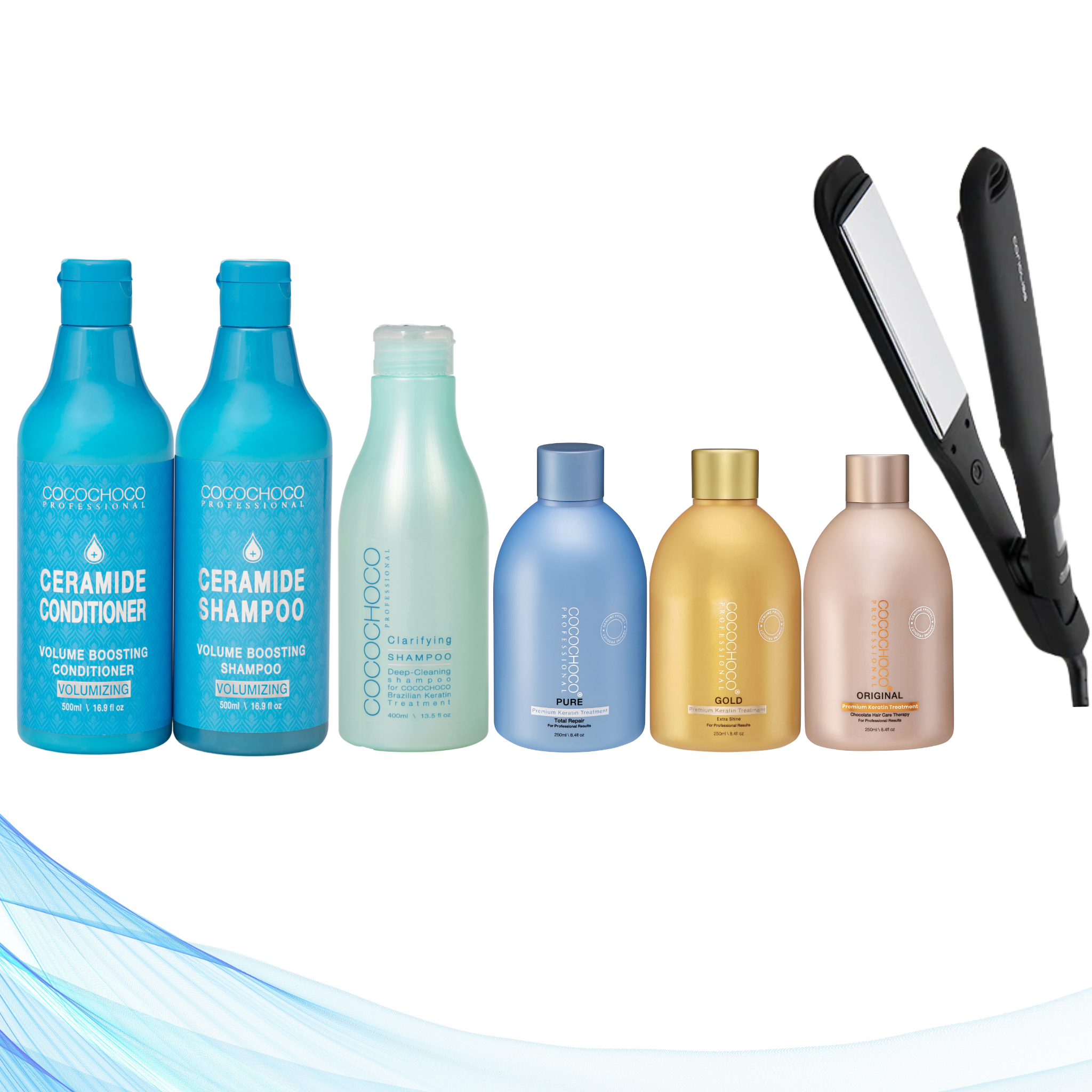 Corioliss Wide Black Hair Straightener, Cocochoco Clarifying Shampoo 400 ml, All Three Cocochoco Keratin Treatments 250 ml, Cocochoco Ceramide Volume Boosting Sulphate-free Shampoo and Conditioner 500 ml