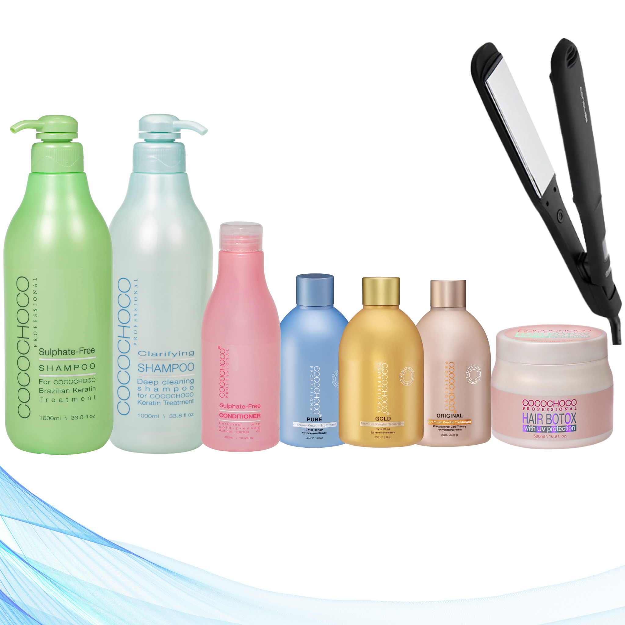 Corioliss Wide Black Hair Straightener, Cocochoco Clarifying Shampoo 1000 ml, Cocochoco Botox 500 ml, All Three Cocochoco Keratin Treatments 250 ml, Sulphate-Free Shampoo 1000 ml & Sulphate-Free Conditioner 400 ml
