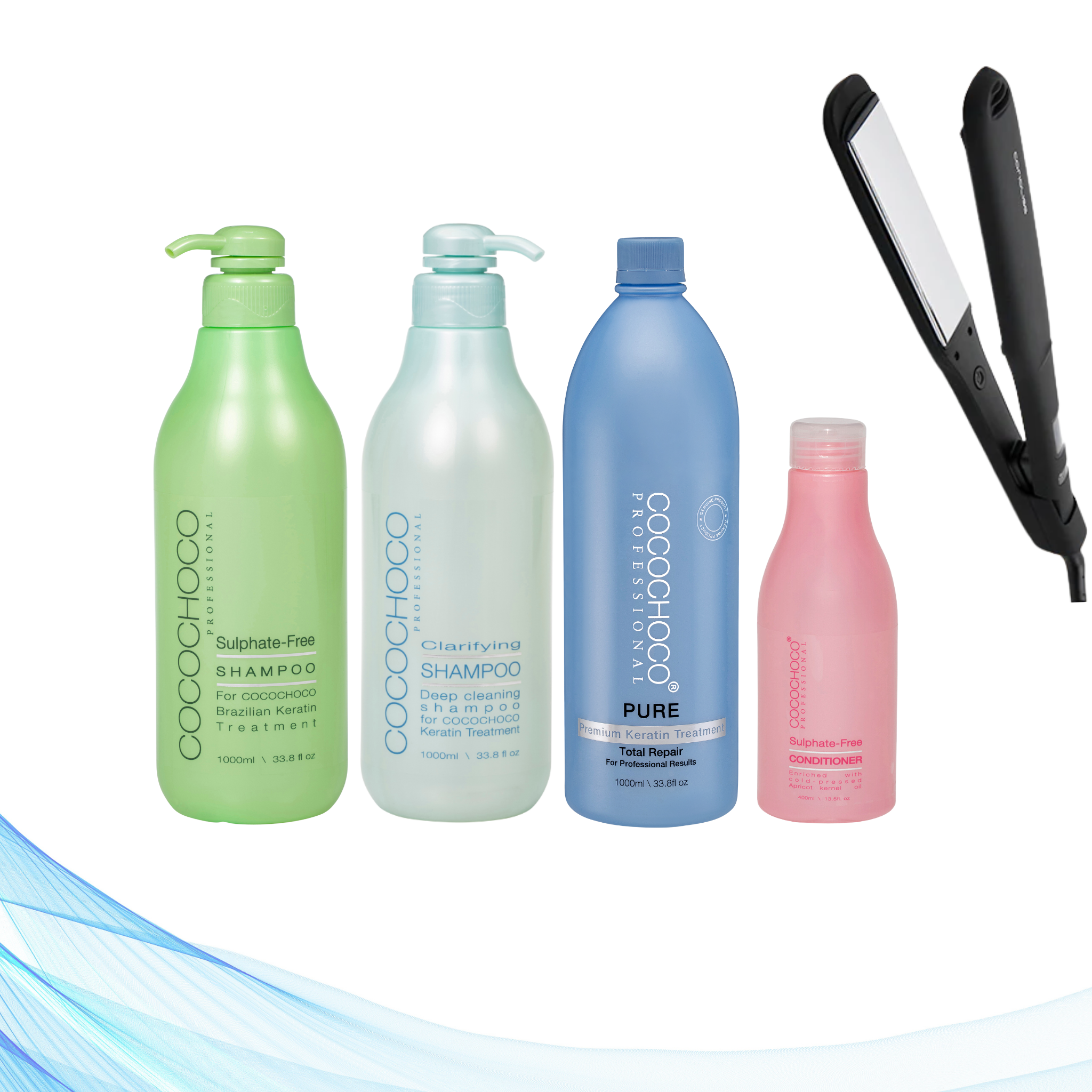 COCOCHOCO Keratin Start Paket 3 profesionalni set za keratinski tretman kose s PURE keratinom, šamponom, regeneratorom i Corioliss C-Extreme peglom