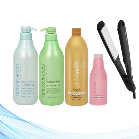 Corioliss Wide Black Hair Straightener, Cocochoco Clarifying Shampoo 1000 ml, Cocochoco Gold 1000 ml, Sulphate-Free Shampoo 1000 ml & Sulphate-Free Conditioner 400 ml