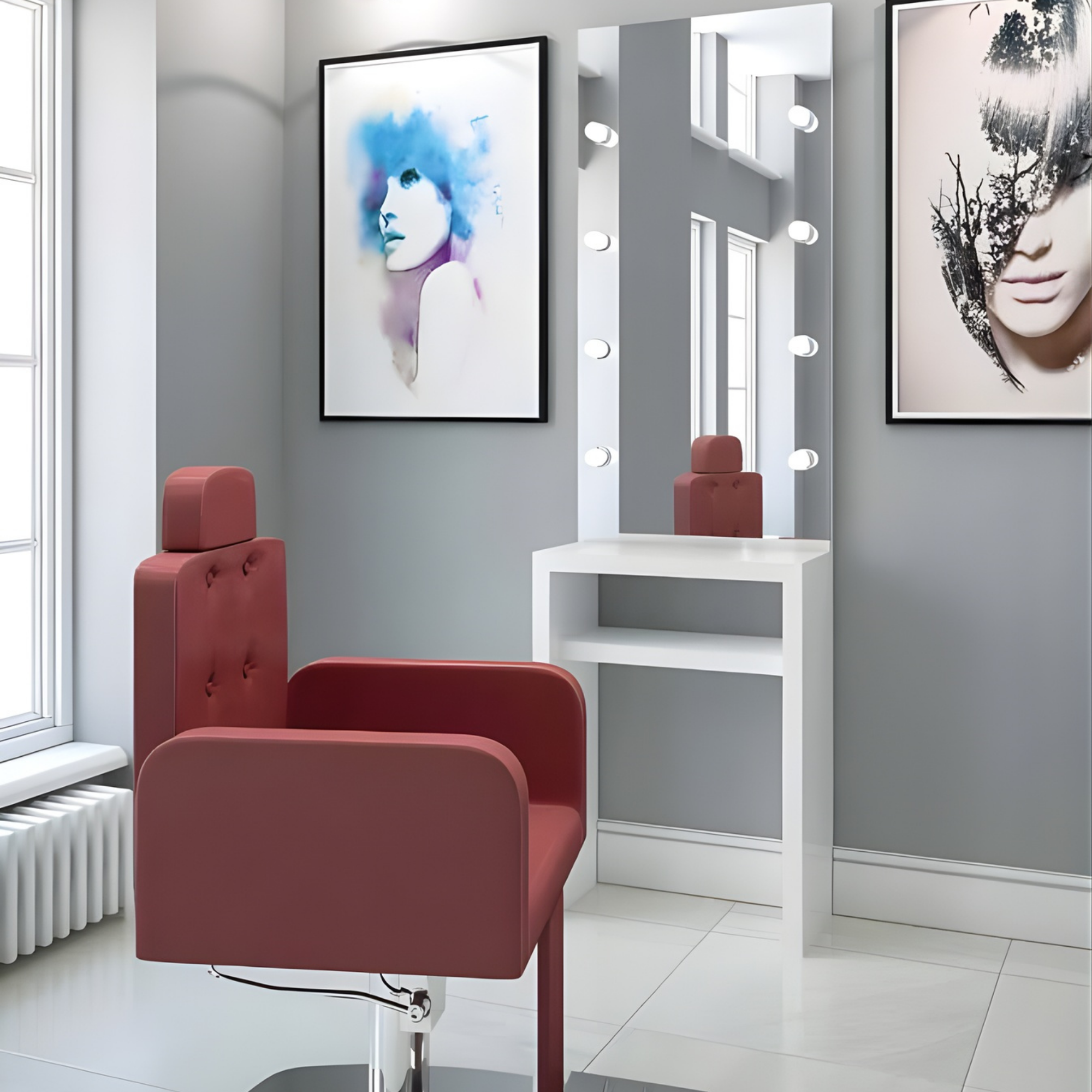 make up kutak s crvenom frizerskom stolicom i bijelim toaletnim stolićem s ogledalom i rasvjetom u modernom interijeru