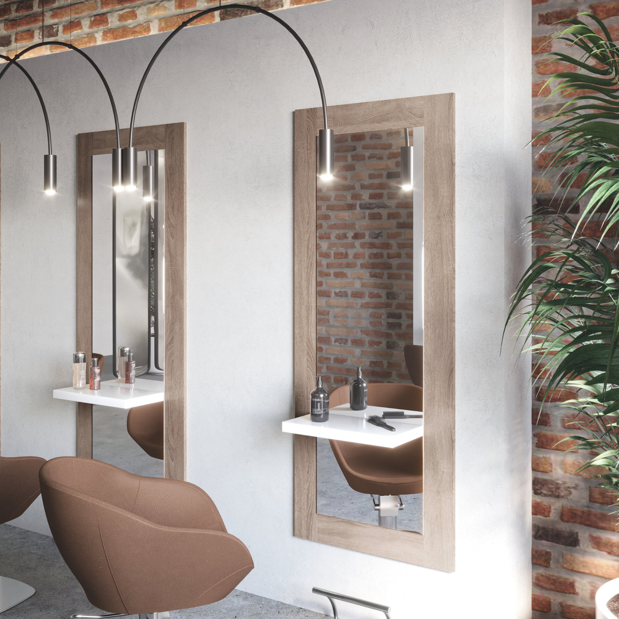 smeđe frizerske stolice ispred velikih ogledala s drvenim okvirima u industrijskom salonu s ciglenim zidom i visećim lampama