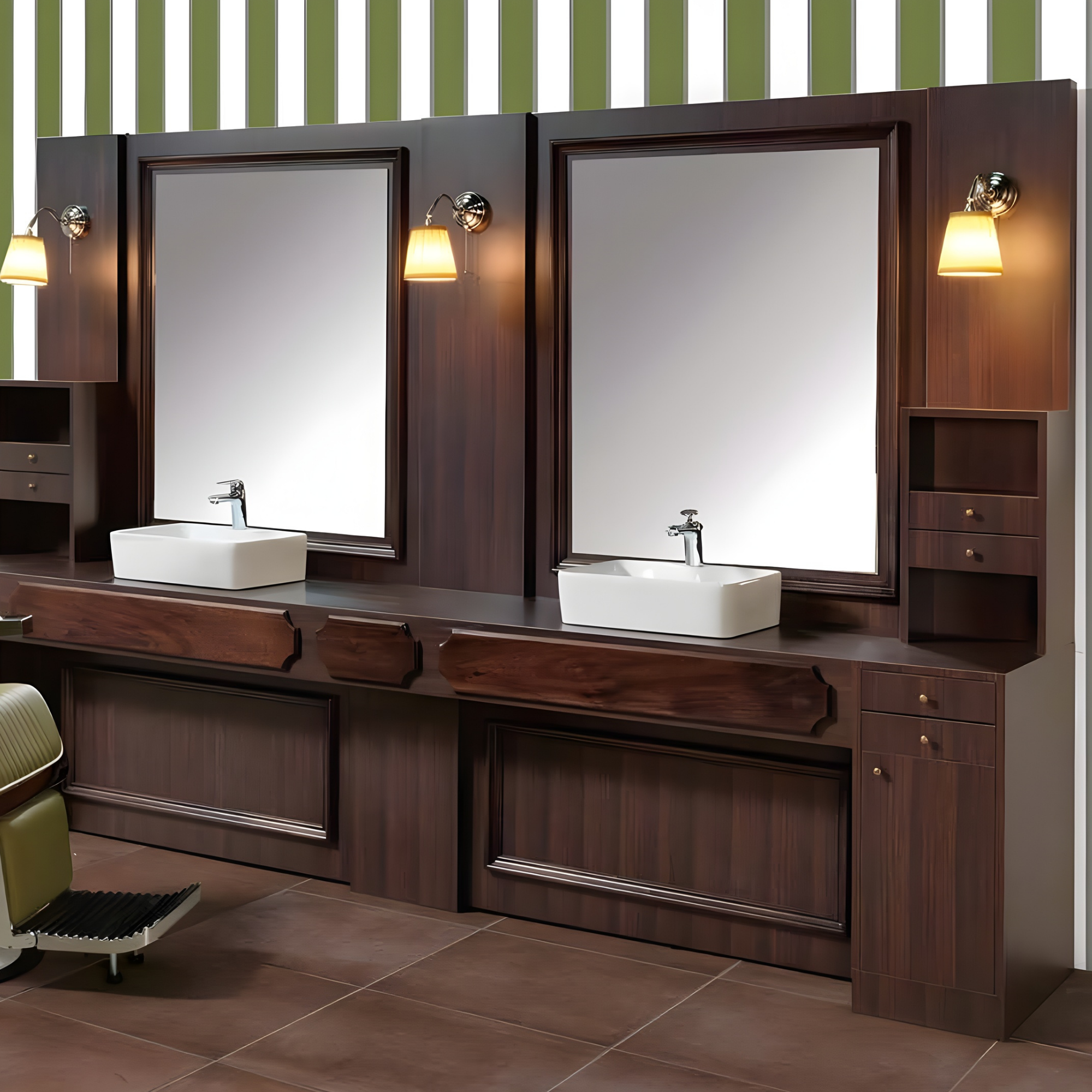 drveni barberski namještaj s dva ogledala i umivaonicima u klasičnom retro stilu salona