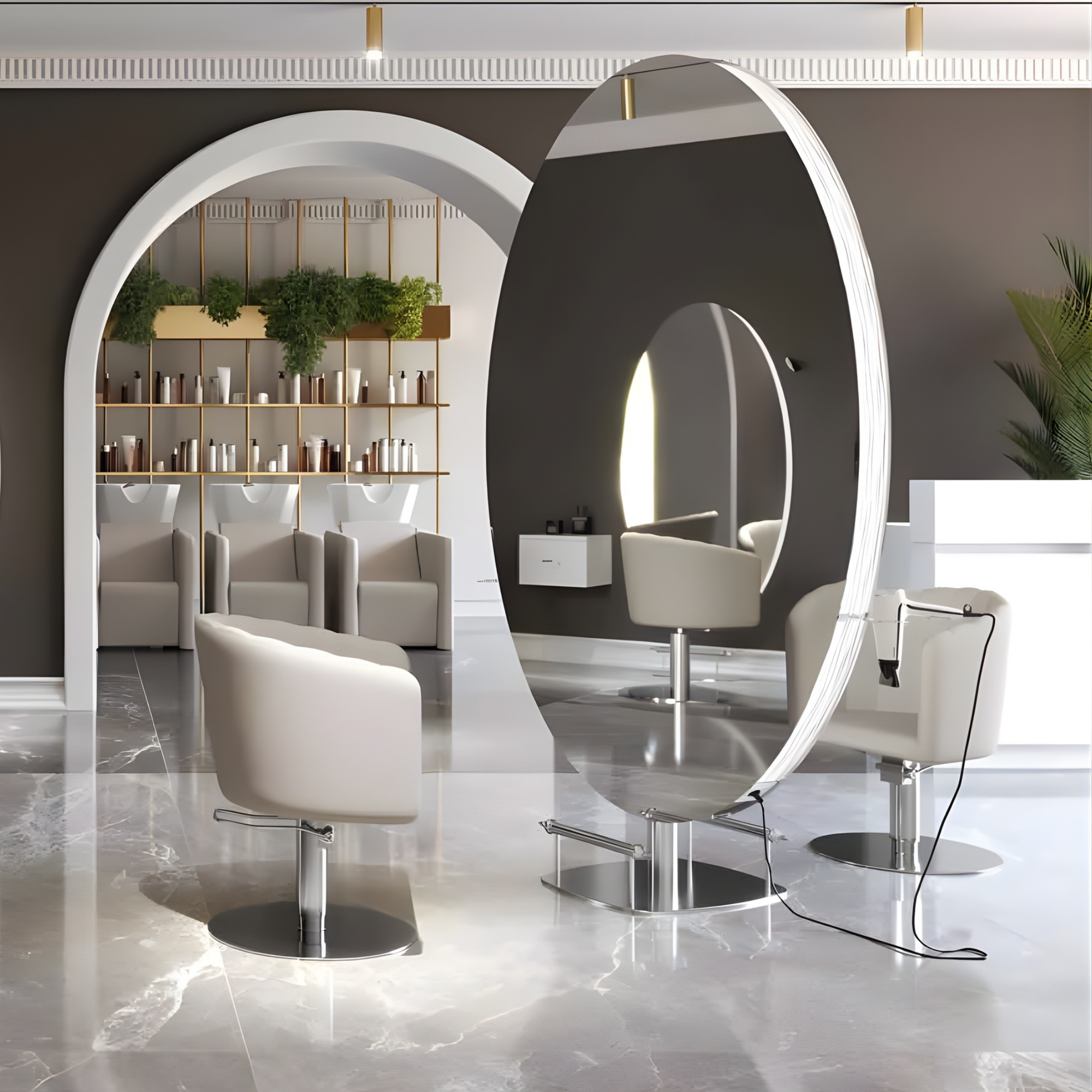 luksuzan frizerski salon s bež frizerskim stolicama i velikim okruglim ogledalom u svijetlom prostoru s biljkama i zlatnim detaljima