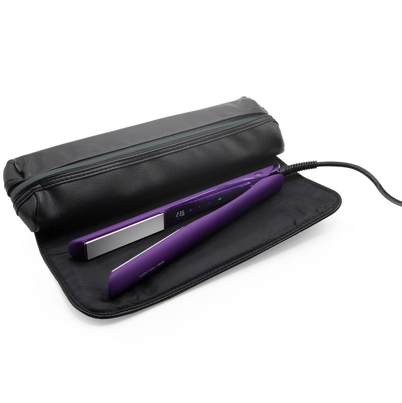 Corioliss ljubičasta pegla za kosu u torbi