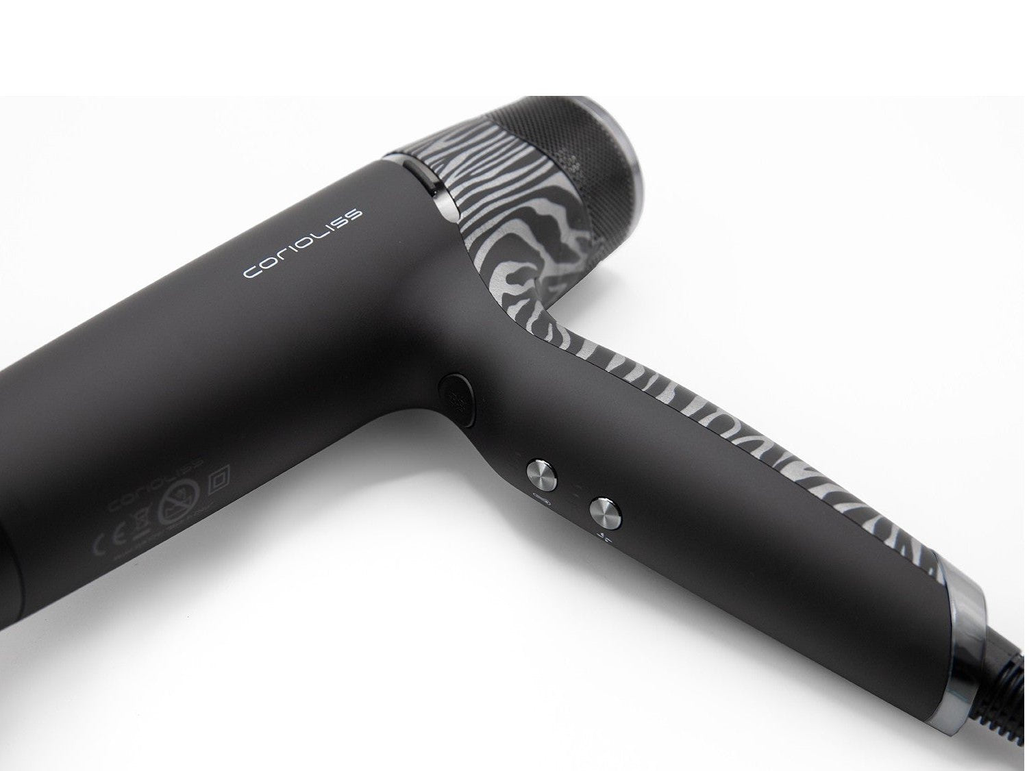 Corioliss Whisper Silver Zebra fen za kosu – pogled s prikazom tipki