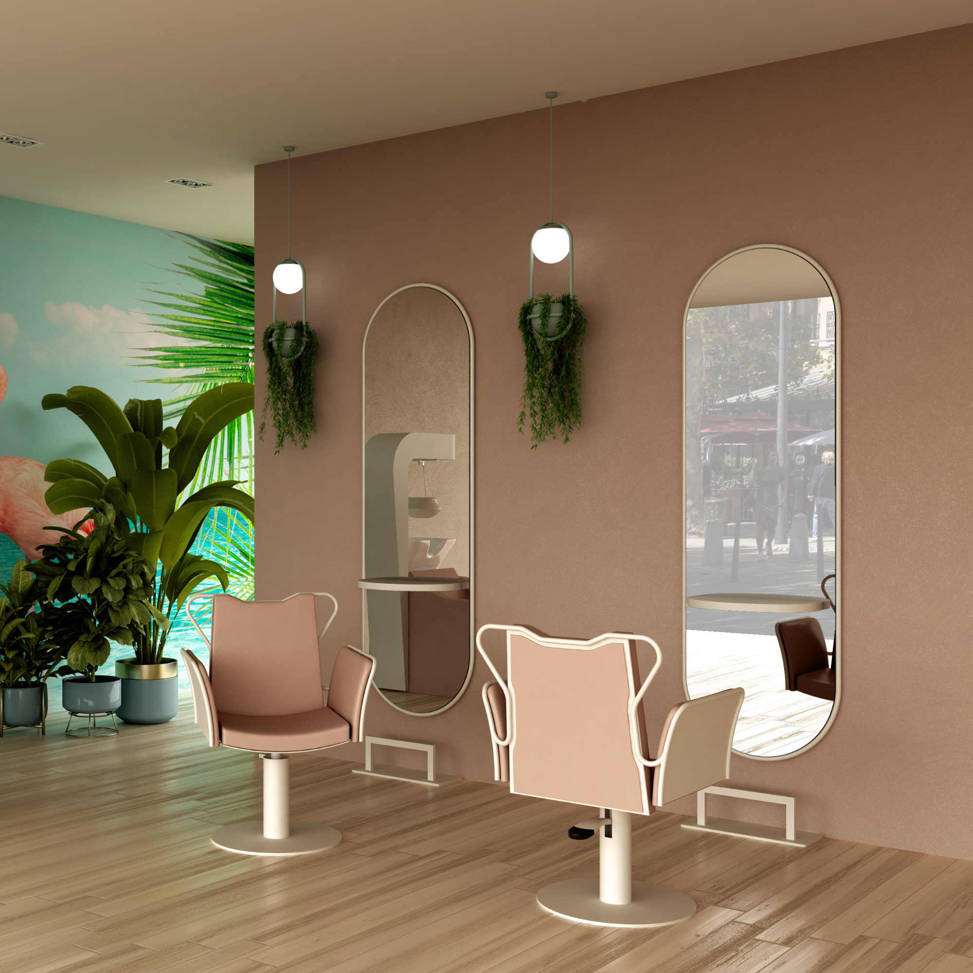 moderan frizerski salon u pastelnim tonovima s ružičastim frizerskim stolicama, ovalnim ogledalima i visećim biljkama, u prostoru s drvenim podom i tropskim detaljima u pozadini