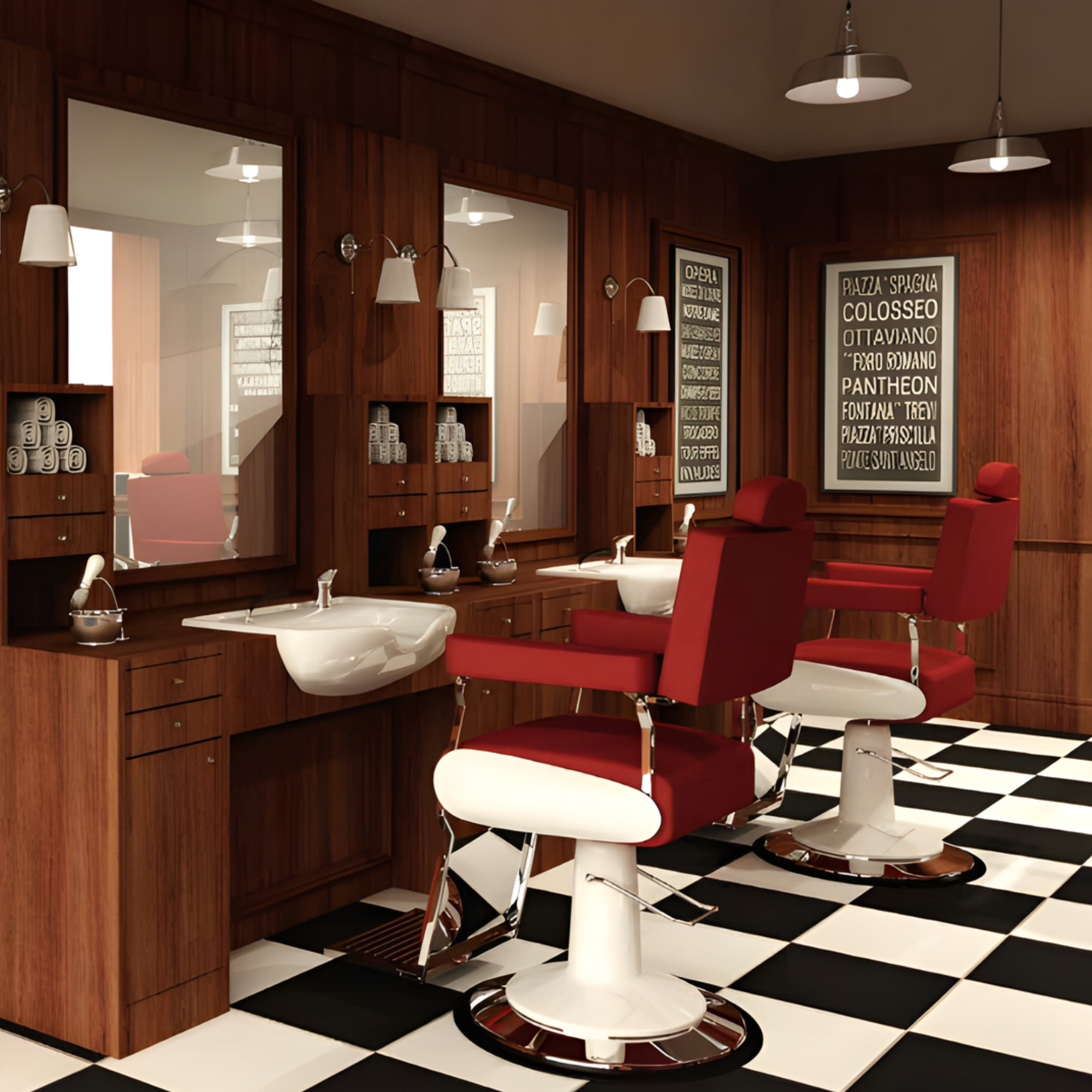 klasičan interijer barber salona s drvenim zidovima, crveno-bijelim frizerskim stolicama, ogledalima i crno-bijelim pločicama na podu