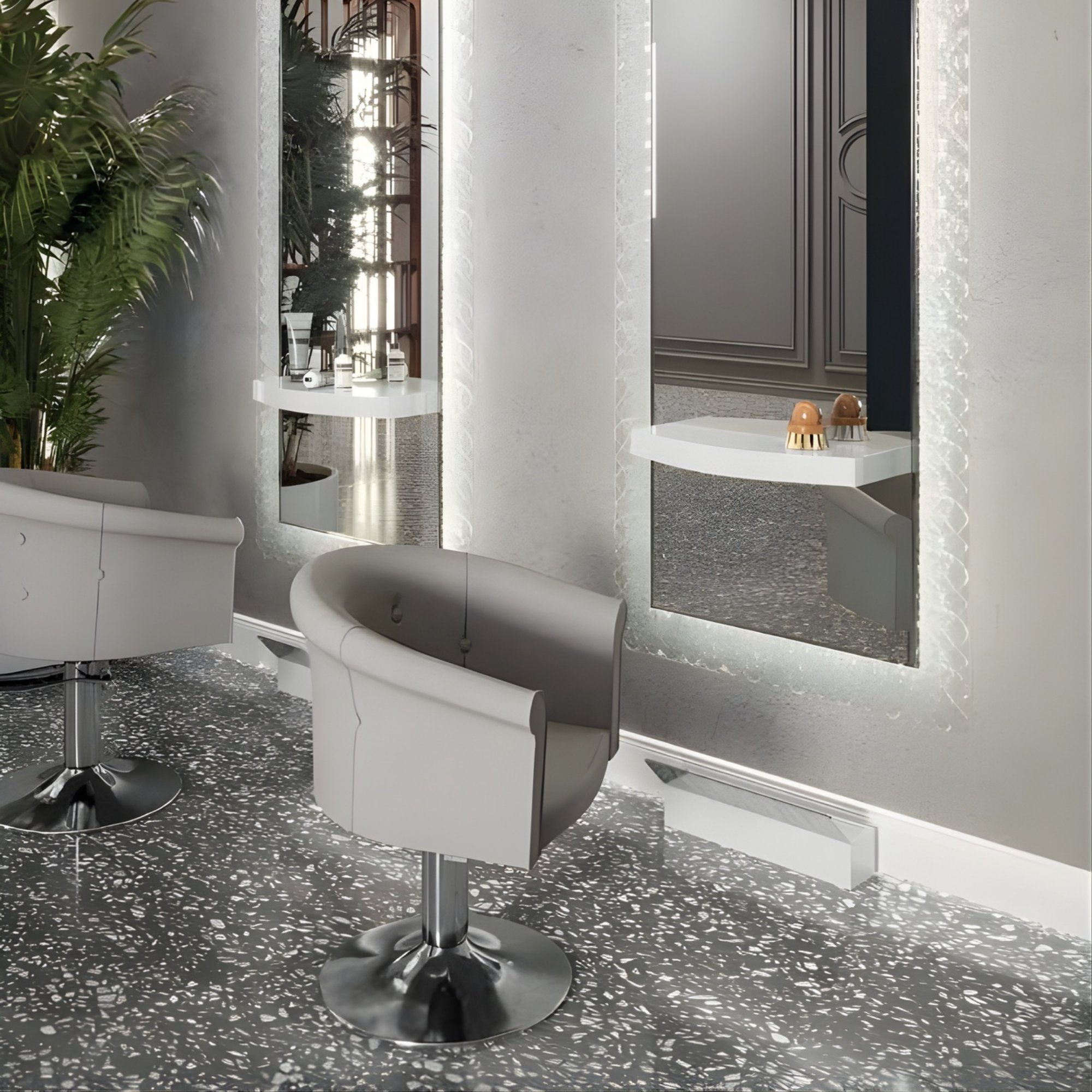 moderan frizerski prostor sa svijetlosivim frizerskim stolicama i osvijetljenim ogledalima uokvirenim teksturiranim staklom, uređen minimalistički s detaljima biljaka