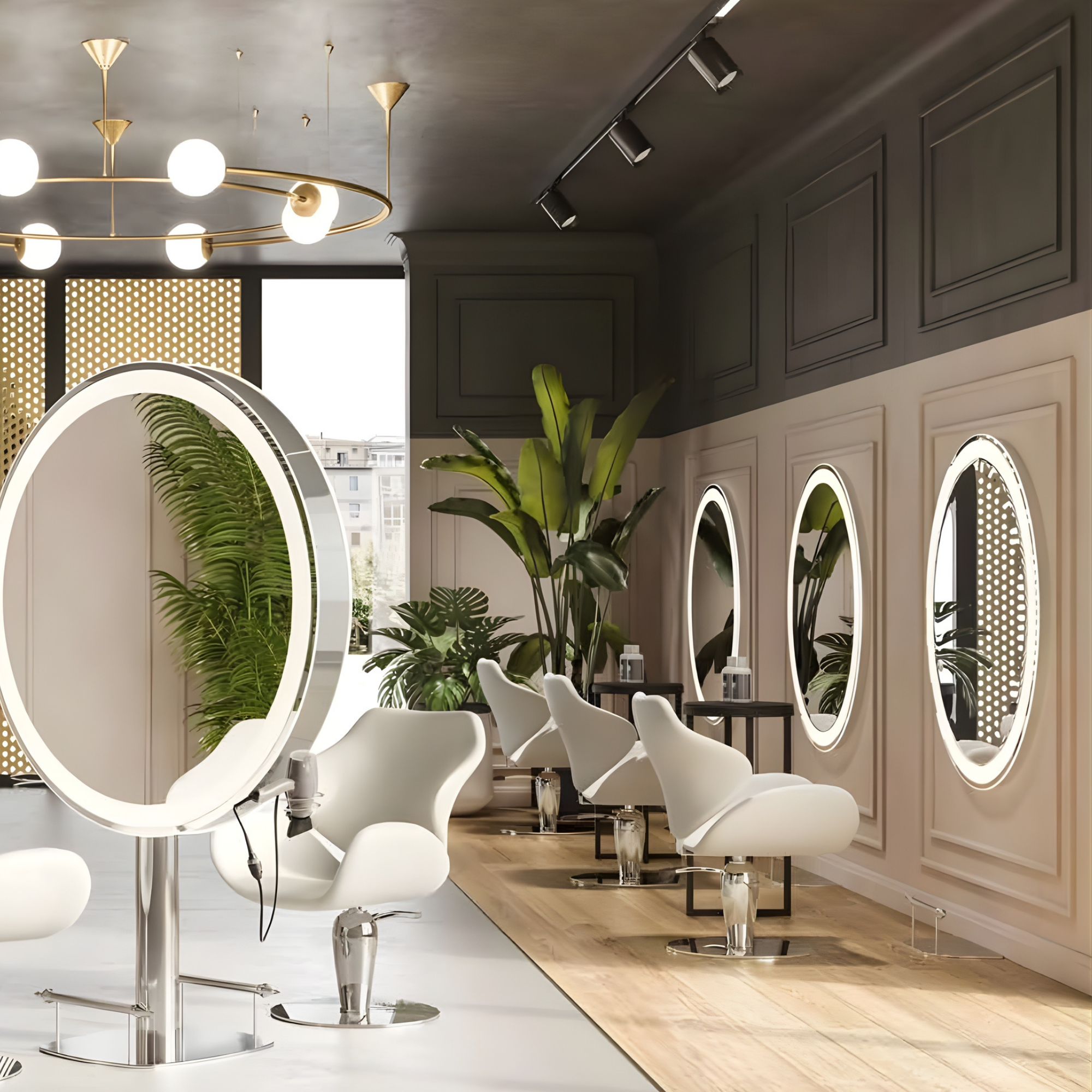 Luksuzan frizerski salon s bijelim frizerskim stolicama, velikim okruglim ogledalima s LED rasvjetom i dekorativnim biljkama, u prostoru s tamnim stropom i zlatnim detaljima rasvjete.