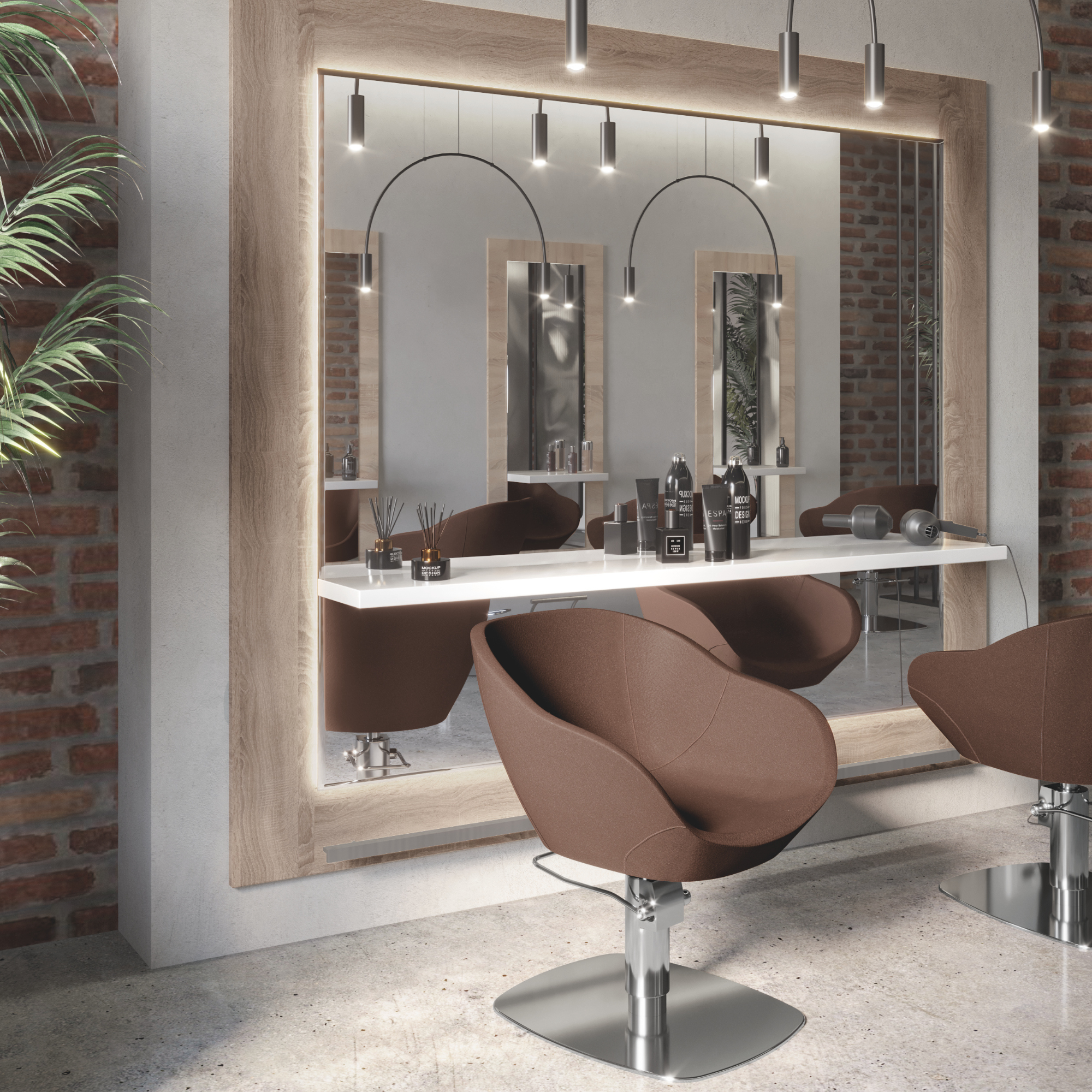 Moderan frizerski salon s velikim osvijetljenim ogledalom, smeđim frizerskim stolicama elegantnog zaobljenog dizajna i industrijskim detaljima poput zidova od opeke i visećih lampi.