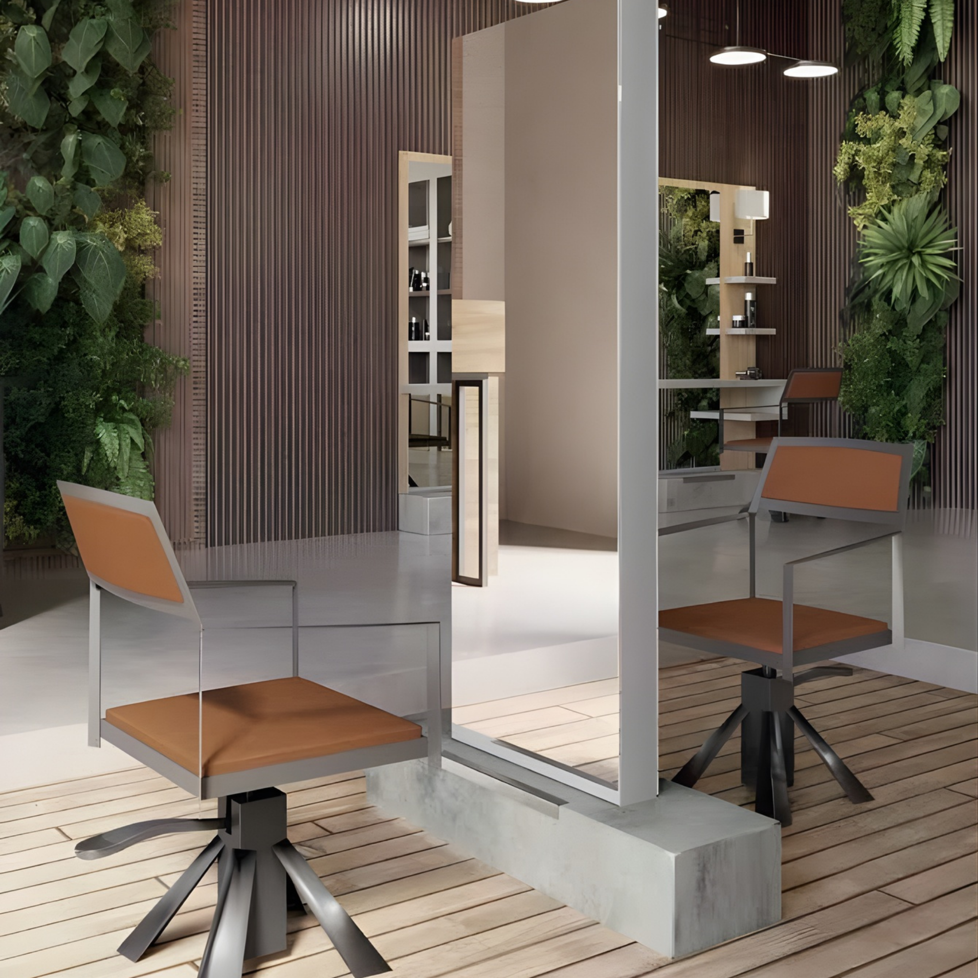 Frizerski salon s drvenim zidom i ogledalima u svijetlom okviru, bijelim radnim površinama i smeđim frizerskim stolicama, uz detalje zelenih biljaka koji unose svježinu u prostor