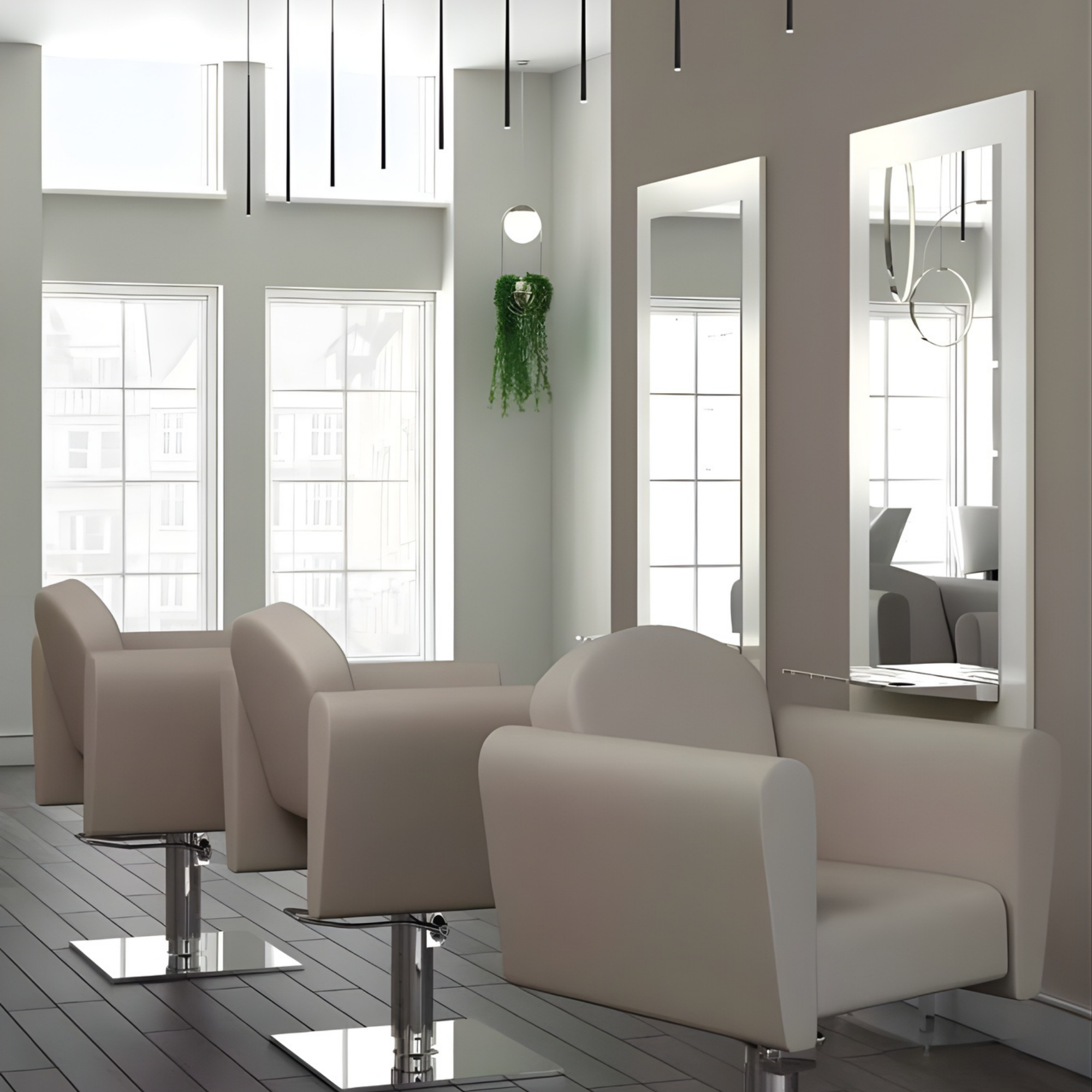 bež frizerske stolice ispred velikih pravokutnih ogledala u minimalističkom svijetlom salonu s visećim rasvjetnim cijevima