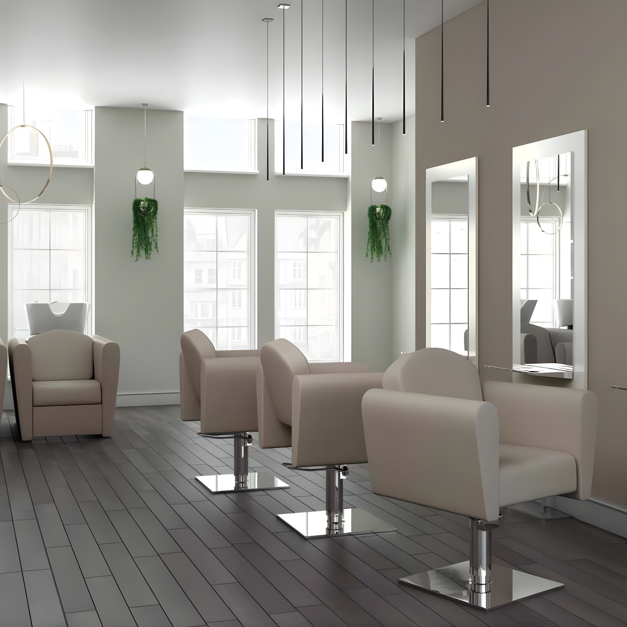 Moderan frizerski salon s bež frizerskim stolicama, velikim ogledalima i visećim biljkama, uređen u svijetlim tonovima s minimalističkim dizajnom i prostranim prirodnim osvjetljenjem.
