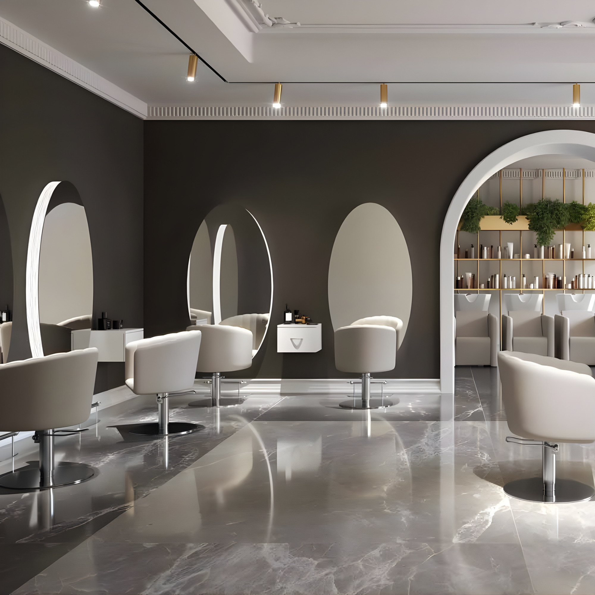 elegantan frizerski salon s ovalnim ogledalima, bež stolicama i mramornim podom u modernom ambijentu