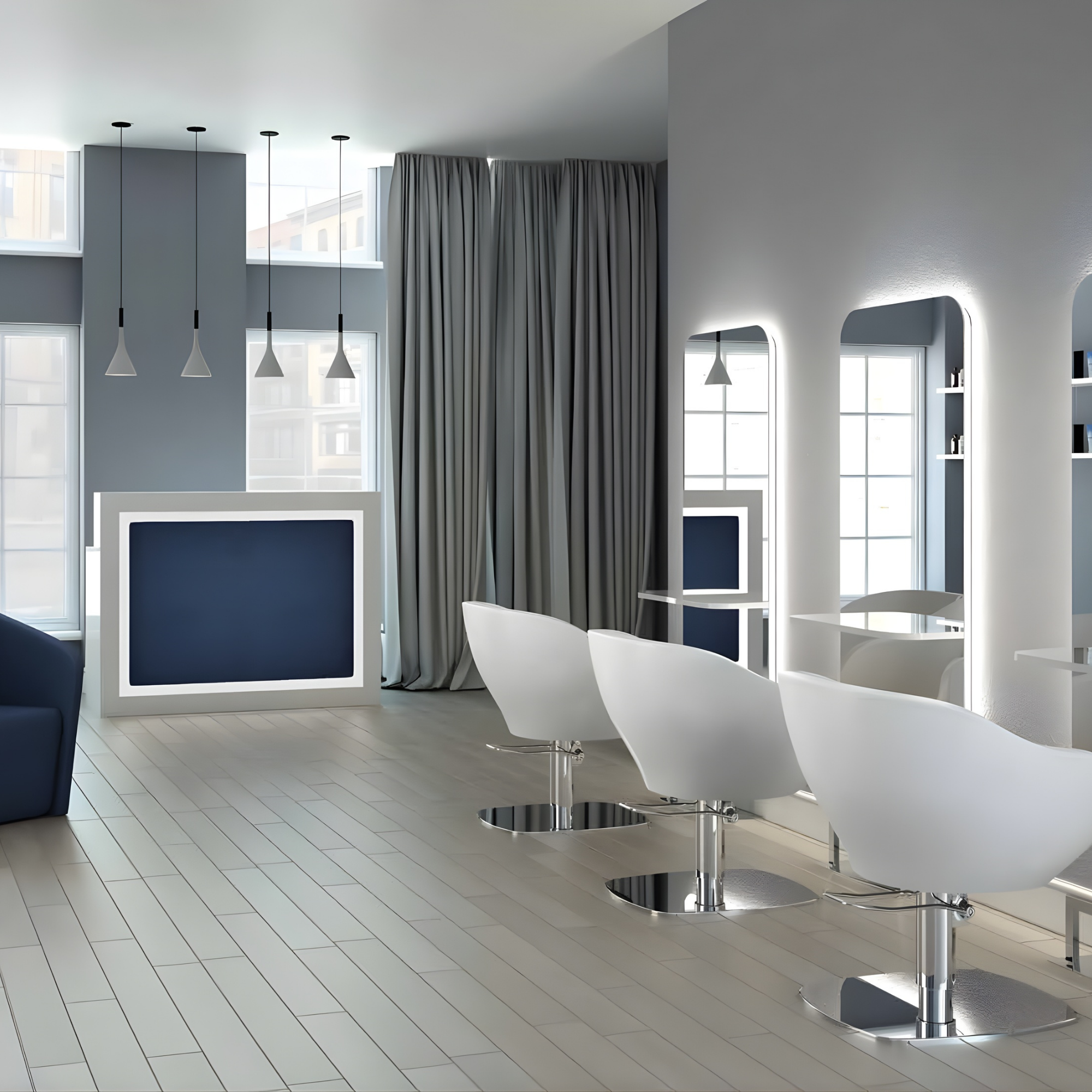 moderan frizerski salon s bijelim stolicama i plavim detaljima na recepciji i zidovima