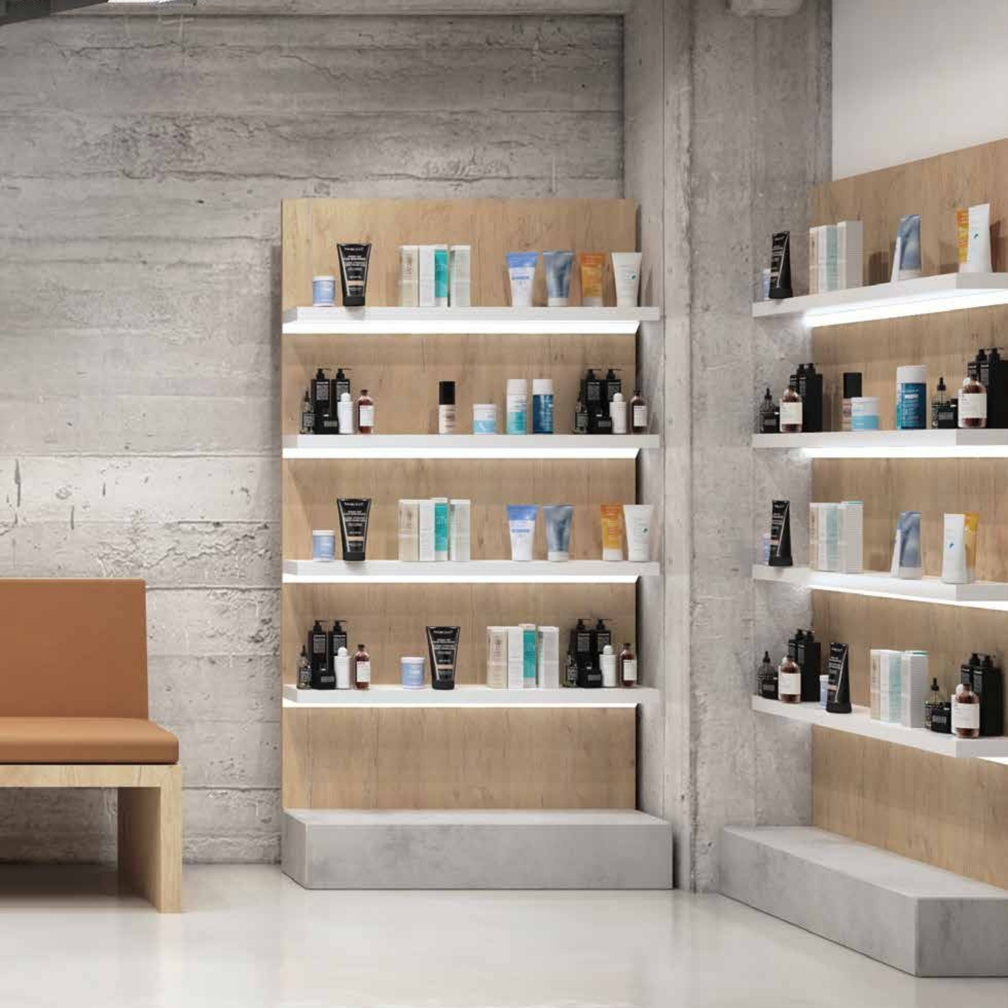 Izložbeni ormar u frizerskom salonu s LED osvjetljenjem, ispunjena proizvodima za njegu kose i tijela u elegantnom, minimalističkom interijeru s betonskim zidovima.