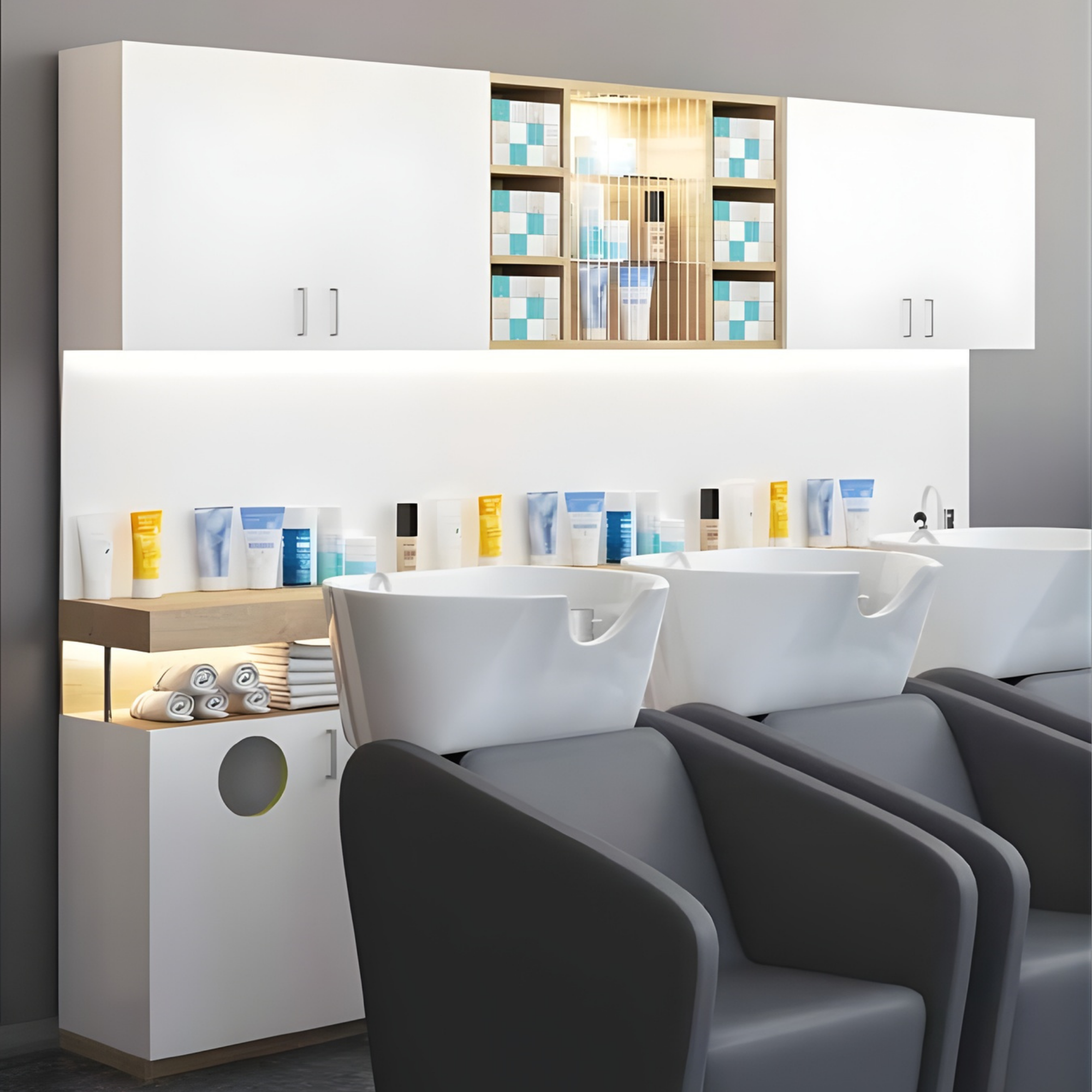 dva frizerska glavopera s crnim sjedalima i bijelim umivaonicima uz policu s proizvodima i ručnicima u modernom salonu