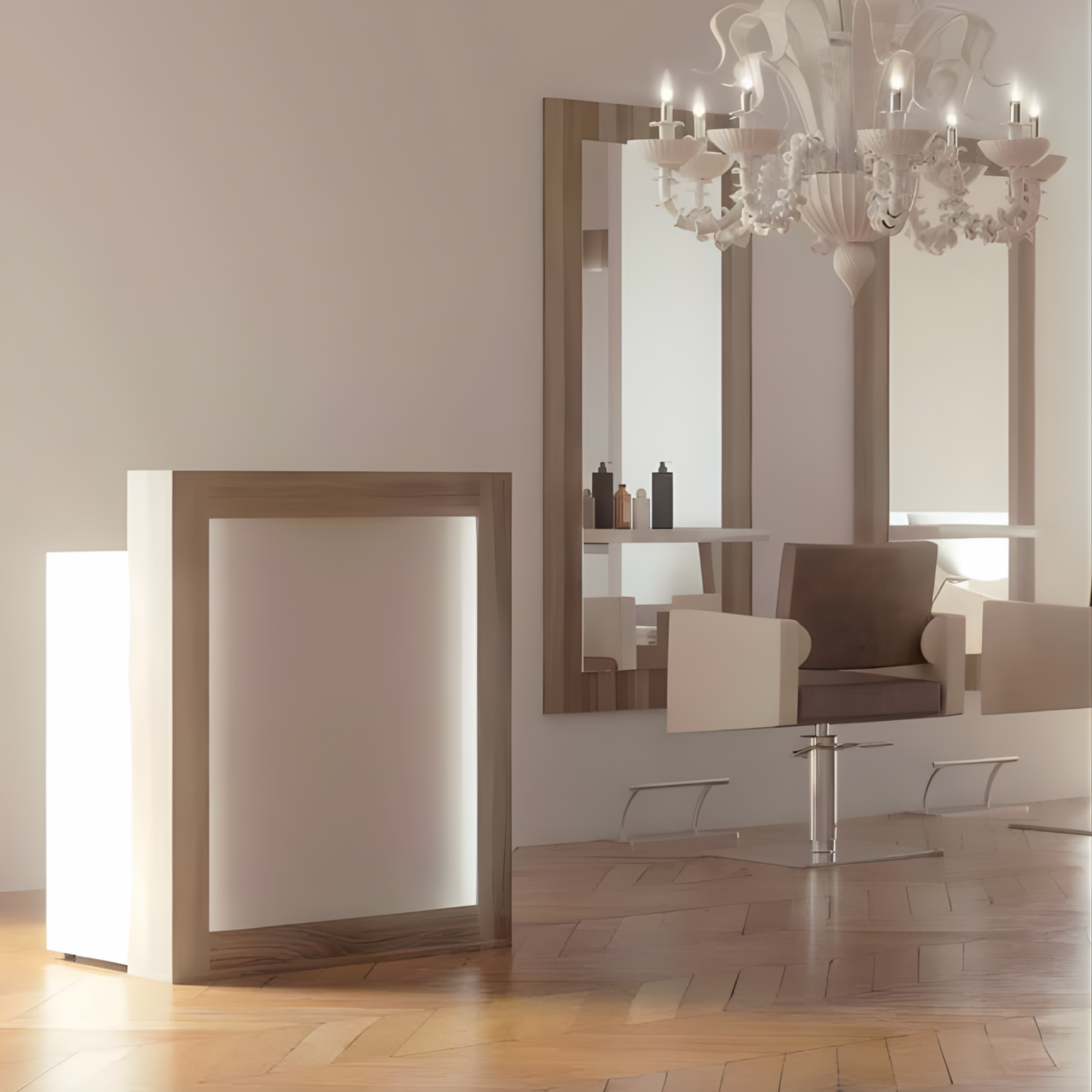 elegantan recepcijski pult s drvenim okvirom u svijetlom frizerskom salonu s velikim ogledalima i lusterom